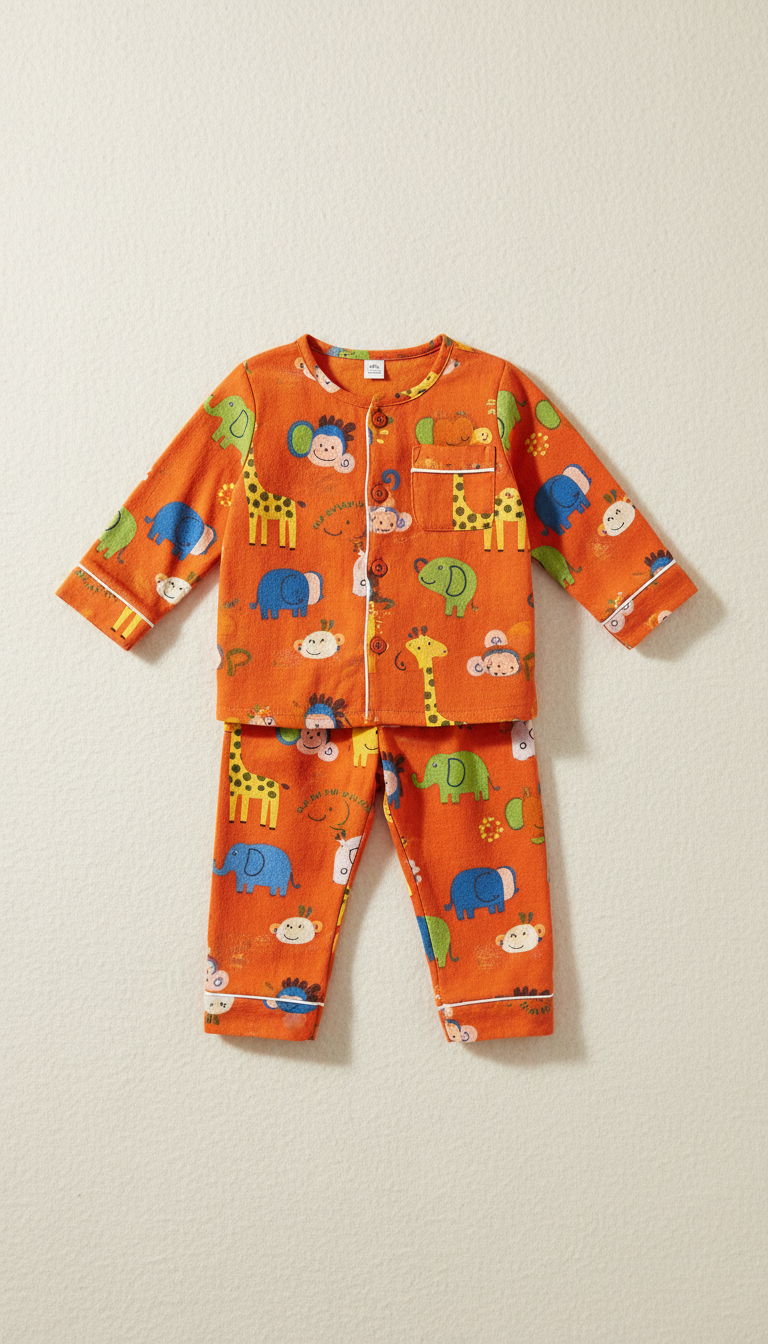 Ensemble pyjama enfant en coton, imprimé coloré sur fond orange