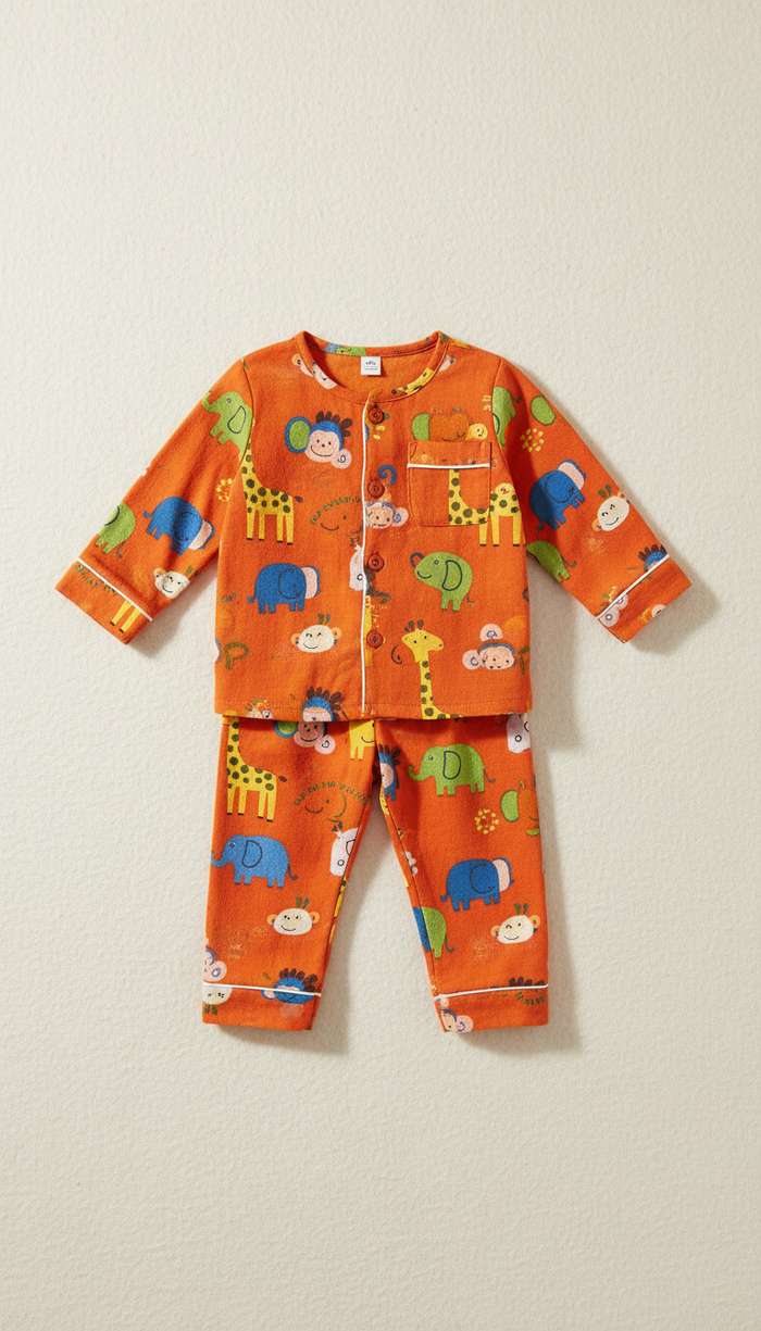 Ensemble pyjama enfant en coton, imprimé coloré sur fond orange